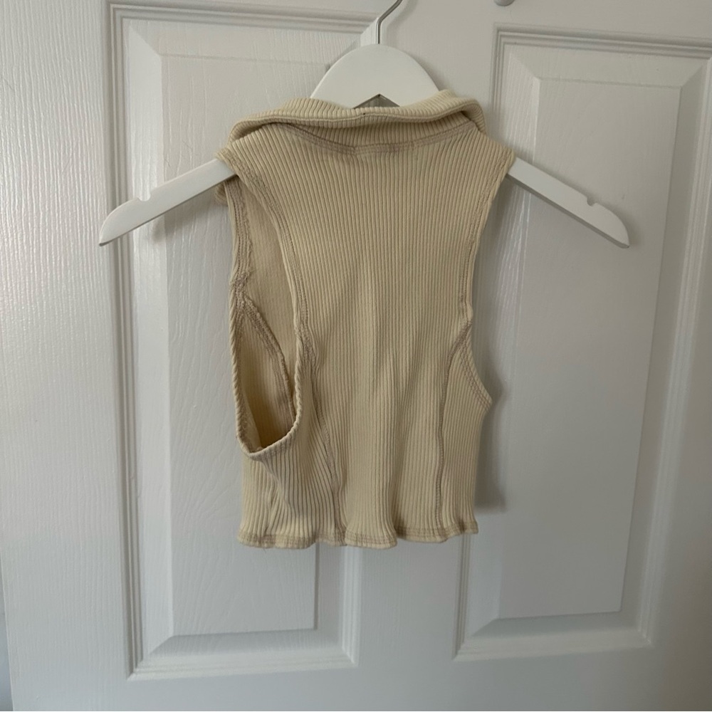 Beige Ribbed Zip Up Top - Picture 6 of 7